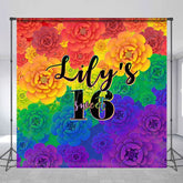 Aperturee - Aperturee Colorful Floral Print Custom Name Sweet 16 Backdrop